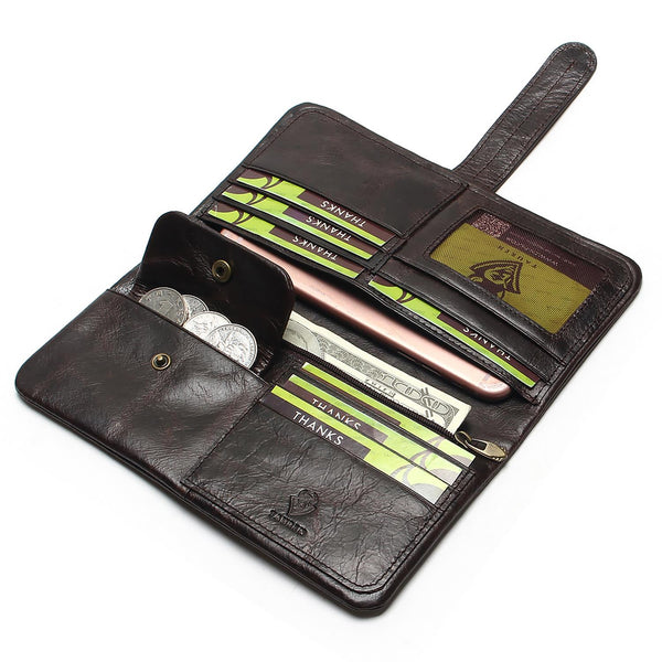 Leather Men Long Bifold Wallet Purse Vintage